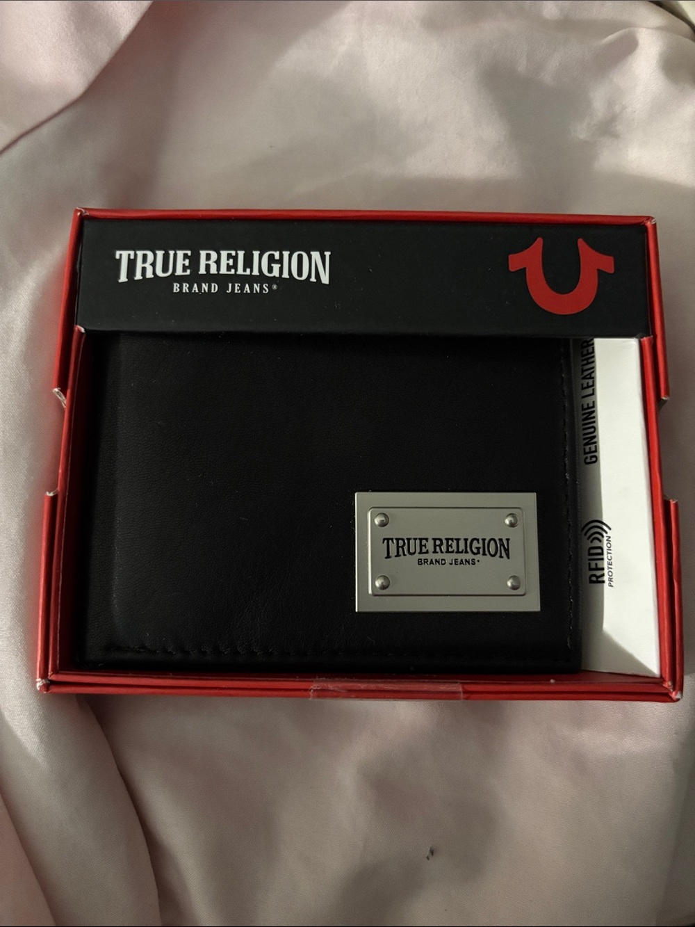 True Religion Black Men’s Bifold Wallet with Red Trim RFID Safe